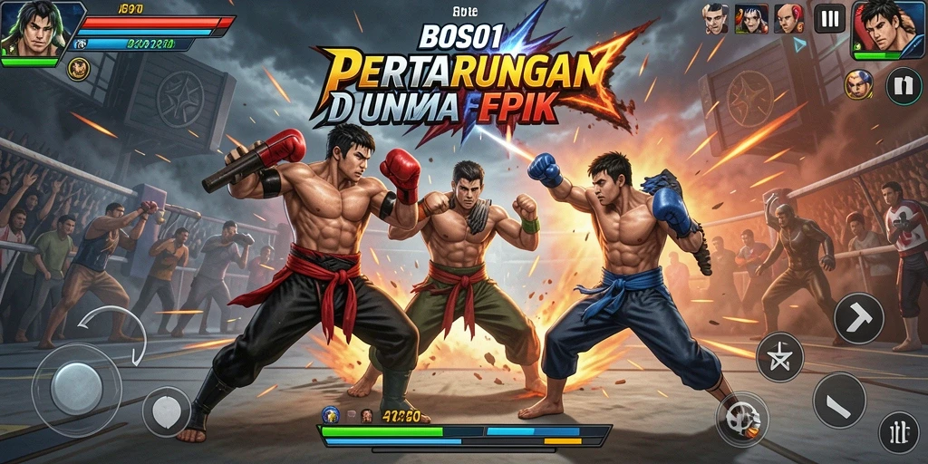 Screenshot gameplay BOS01 menampilkan pertarungan mendebarkan antar karakter.